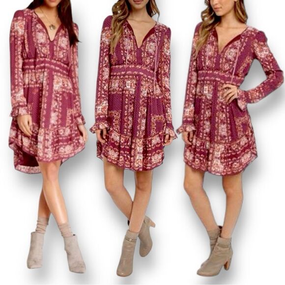 FREE PEOPLE Women’s Bridgette Mini Dress in Berry Combo in the Size Large - Picture 3 of 16